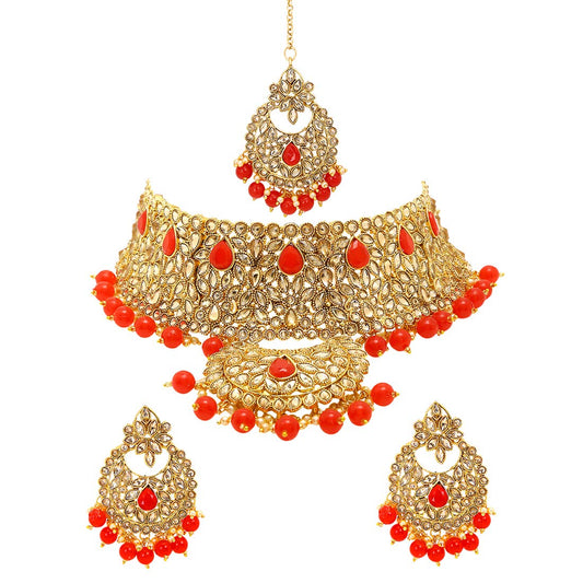 Yellow Chimes Jewellery Set for Women Gold Plated Traditional Kundan Studded Pearl Choker Necklace Set with Maang Tikka Bridal Jewellery Set