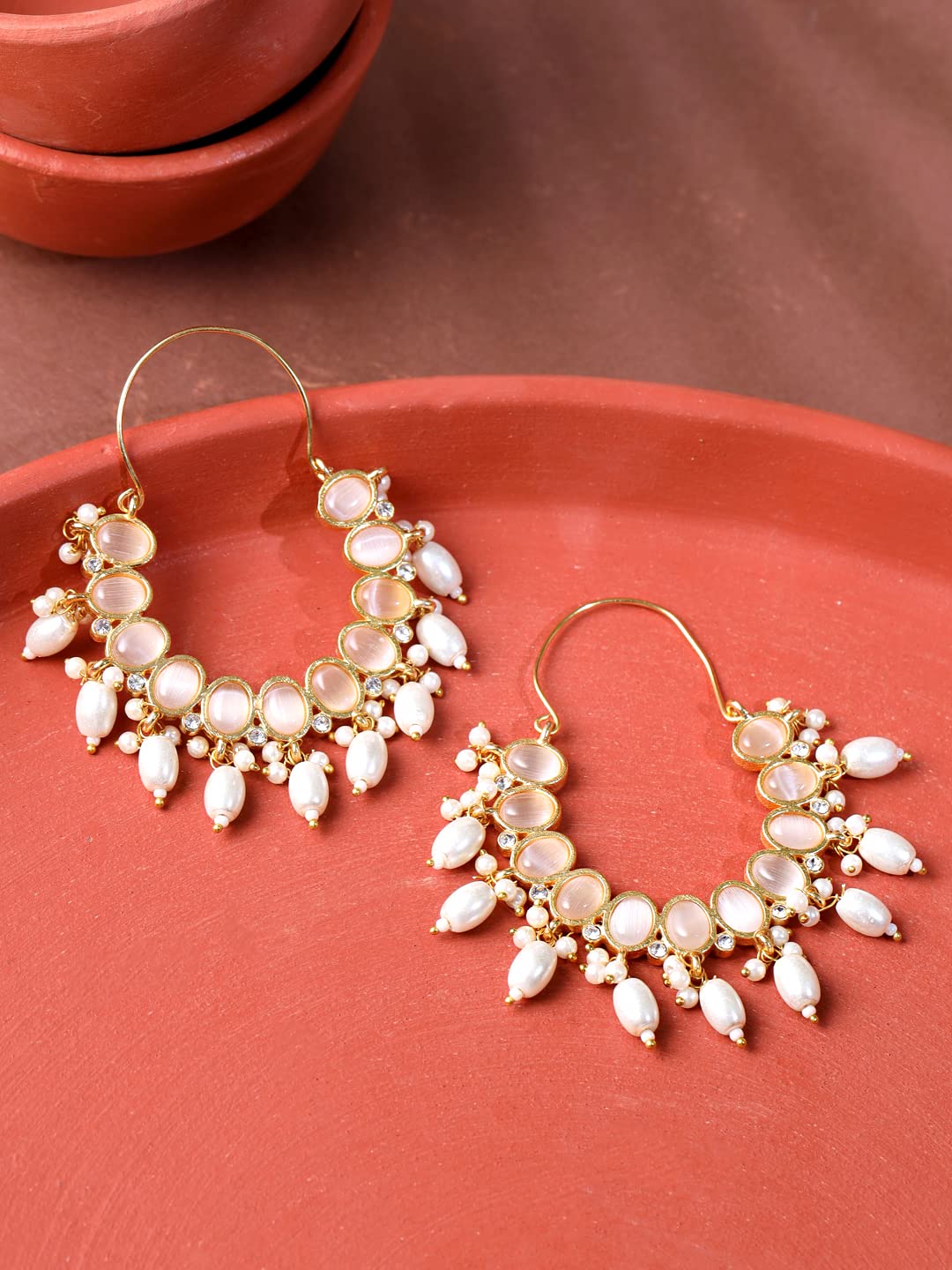 Yellow Chimes Earrings For Women Gold Toned Peach Stone Studded Graceful Hoop Earrings For Women and Girls