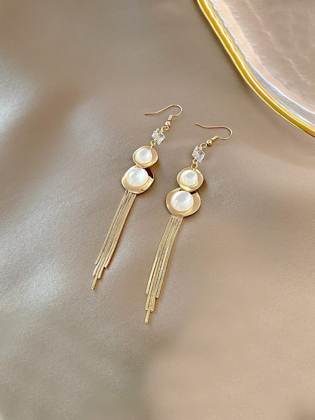 Yellow Chimes Earrings for Women and Girls Pearl Dangler | Gold Toned White Stone Studded Long Danglers Earrings | Birthday Gift for girls and women Anniversary Gift for Wife