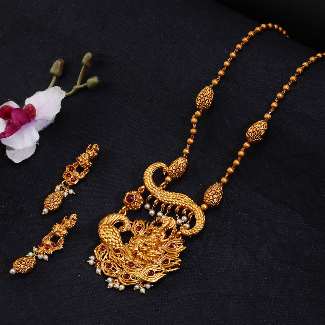 Yellow Chimes Ethnic Temple Jewellery Set Gold Plated Lakshmi Jewelry Set Traditional Long Haram Necklace Set for Women & Girls