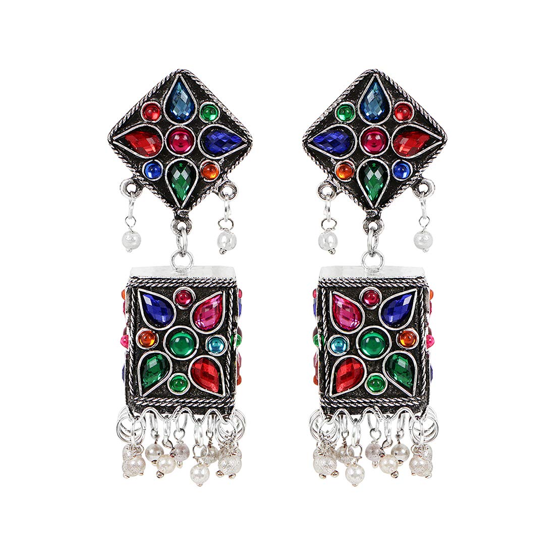 Yellow Chimes Traditional Silver Oxidised Floral Design Multicolour Stone Studded Jhumka Jhumki Earrings for Women and Girls
