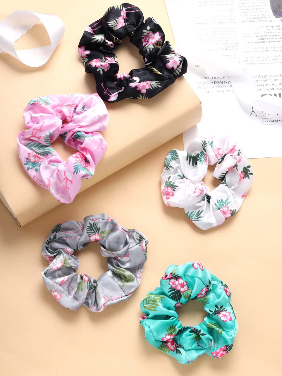 Yellow Chimes Scrunchies for Women Set of 5 Scrunchies Hair Ties Floral Print Satin Scrunchies Ponytail Holders For Women and Girls Hair Accessories.