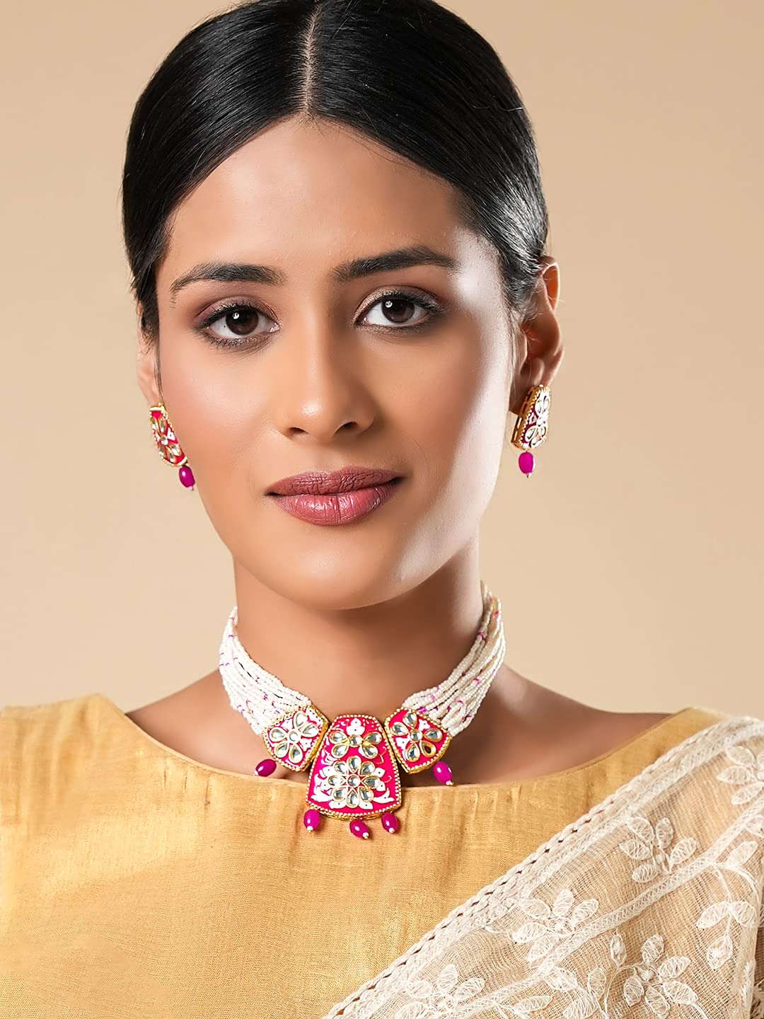 Yellow Chimes Jewellery Set for Women Gold Toned Kundan and Crystal Studded Pearl Drop with Beads Pink Meeanakari Touch Choker Necklace Set with Earrings for Women and Girls