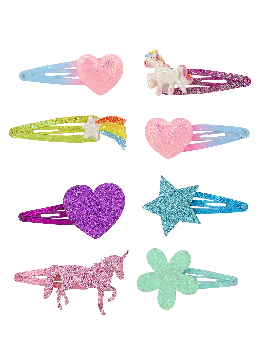 Melbees by Yellow Chimes 8 Pcs Hair Clips for Kids Unicorn Heart Star Fancy Snap Hairpins Hair Accessories for Girls Kids (Pack of 8), Multi-Color, Medium (YCHACL-KD016-MC)