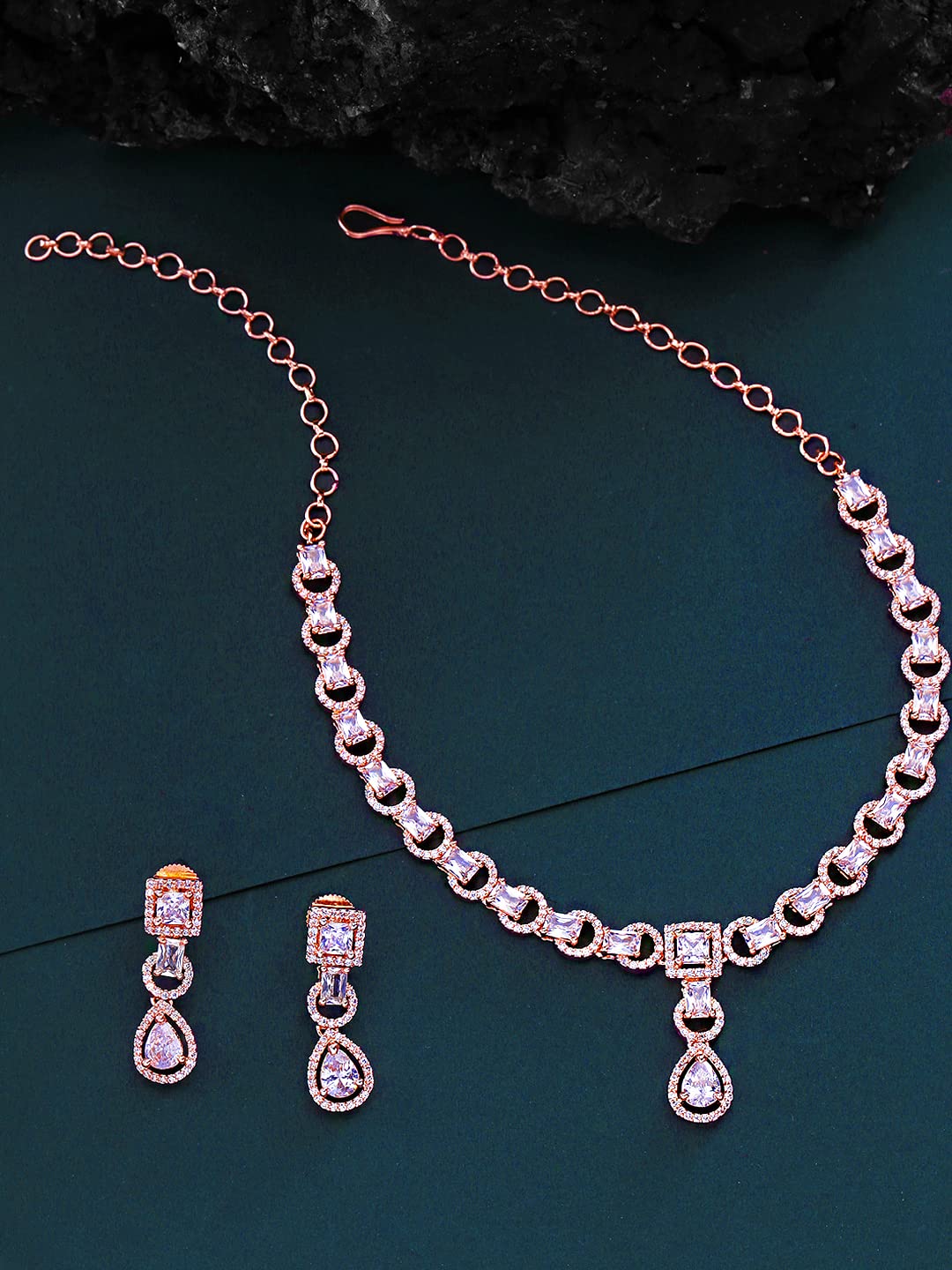 Yellow Chimes Women's Traditional Rose-gold Plated American Diamond Necklace Set