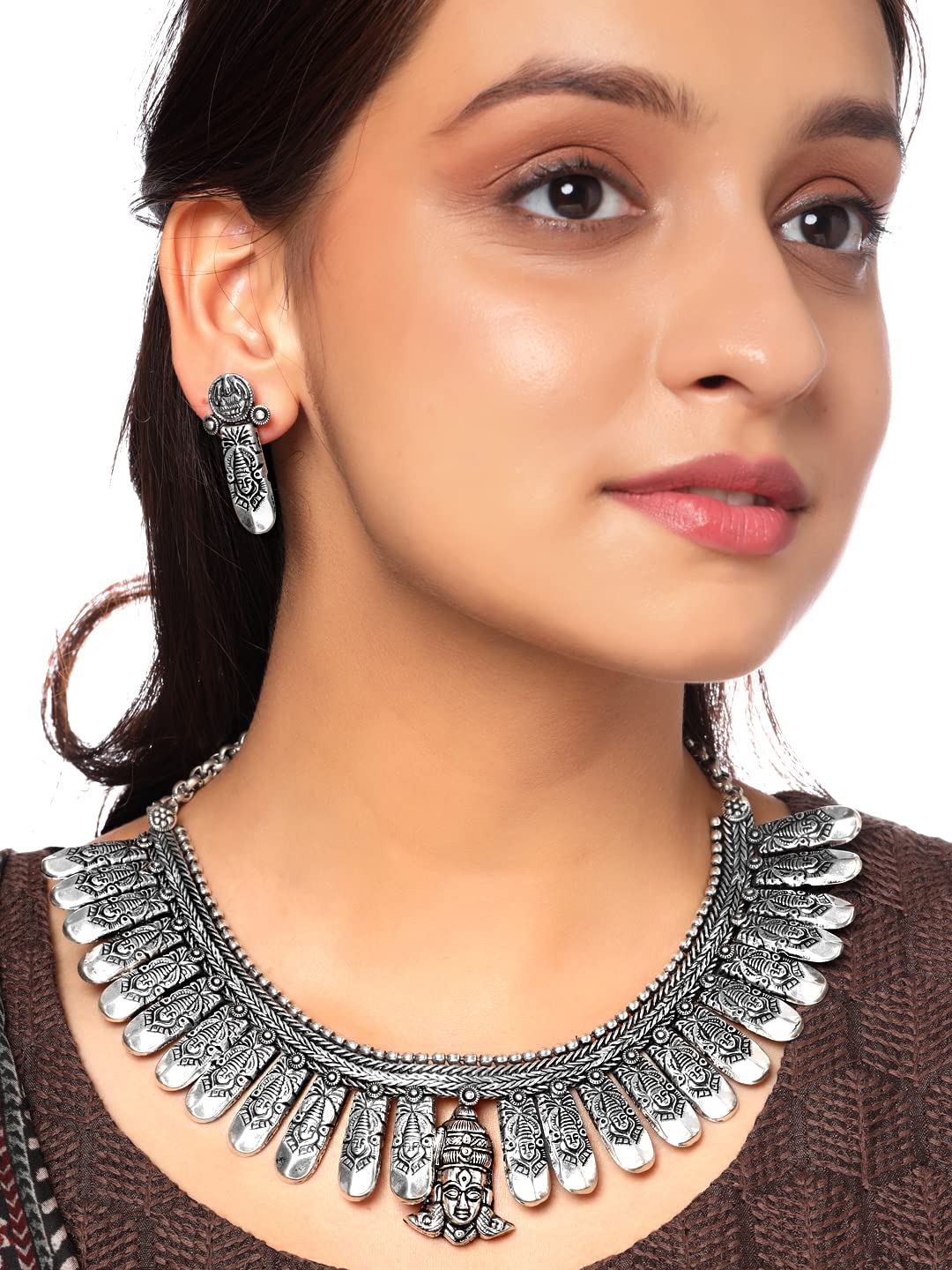 Yellow Chimes Oxidised Jewellery Set for Women Authentic Kolhapuri Work Handmade Silver Traditional Durga Ma Choker Necklace Sets for Women and Girls.