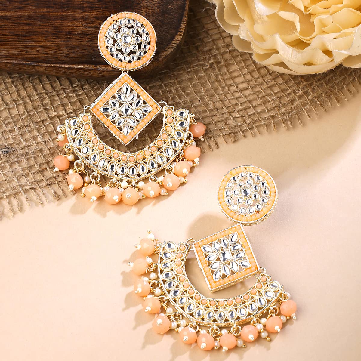 Yellow Chimes Earrings for Women and Girls Chandbali Earrings | Gold Toned Kundan Stone Chand Baliyan Earrings | Birthday Gift for girls and women Anniversary Gift for Wife