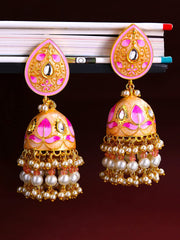 Yellow Chimes Ethnic Gold Plated Traditional Moti Beads Pink Meenakari Design Jhumka Earrings for Women and Girls, Medium (YCTJER-100MNKDOM-SPK)
