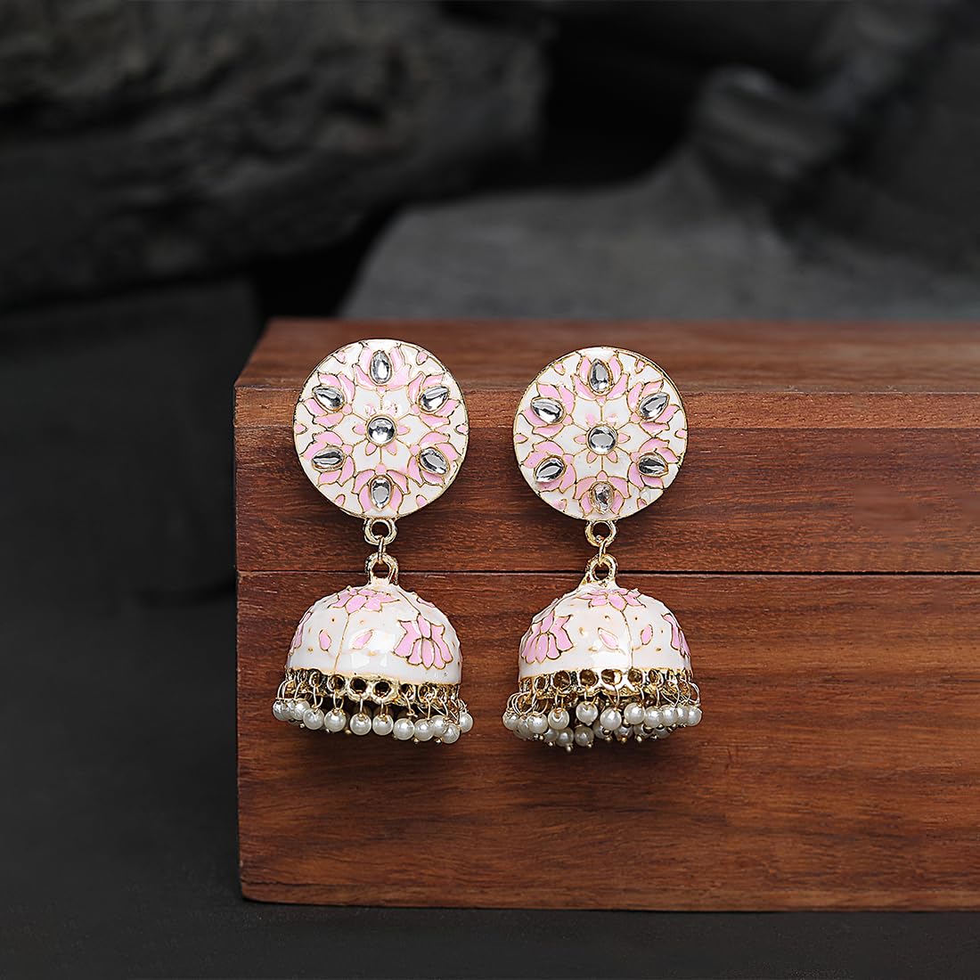 Kairangi Jhumka Earrings for Women Traditional Gold Plated Pink Flower Meenakari Kundan Jhumki/Jhumka Earrings for Women and Girls