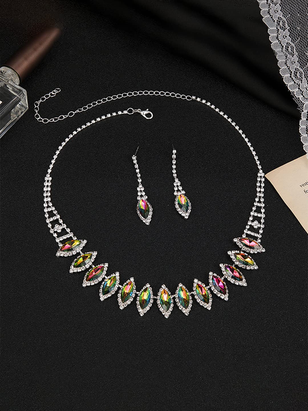 Yellow Chimes Jewellery Set fort Women with Multicolor Crystal Studded Classic Design Silver Plated Necklace Set for Women and Girls