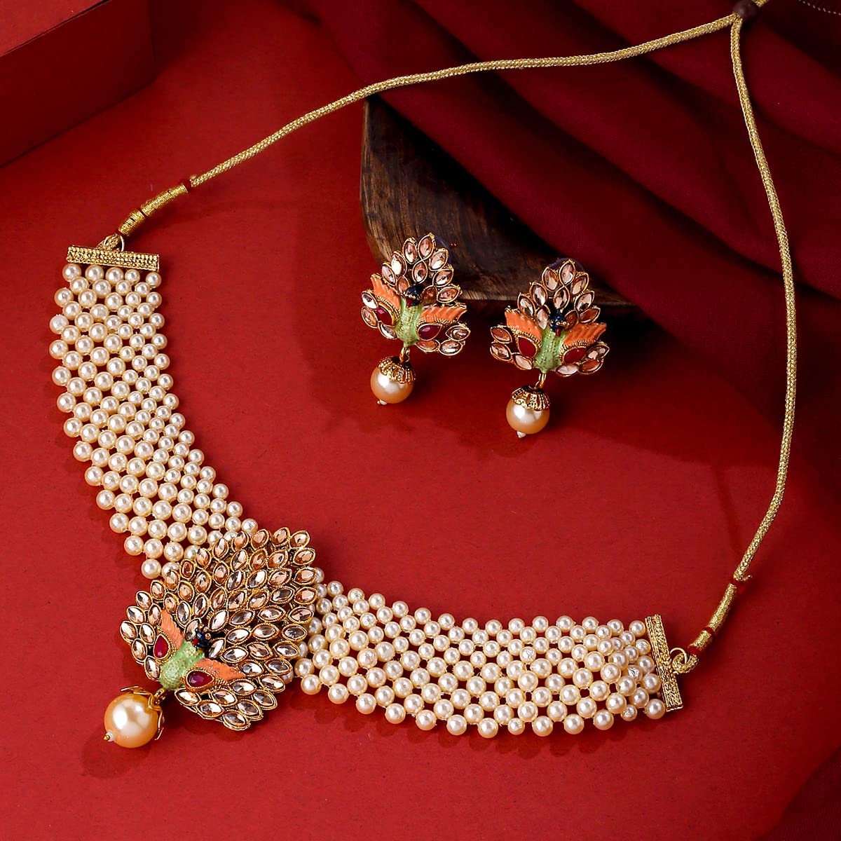 Yellow Chimes Jewellery Set for Women and Girls Kundan Necklaces Set | Gold Plated Beads Beaded Kundan Choker Necklace Set | Birthday Gift for girls and women Anniversary Gift for Wife