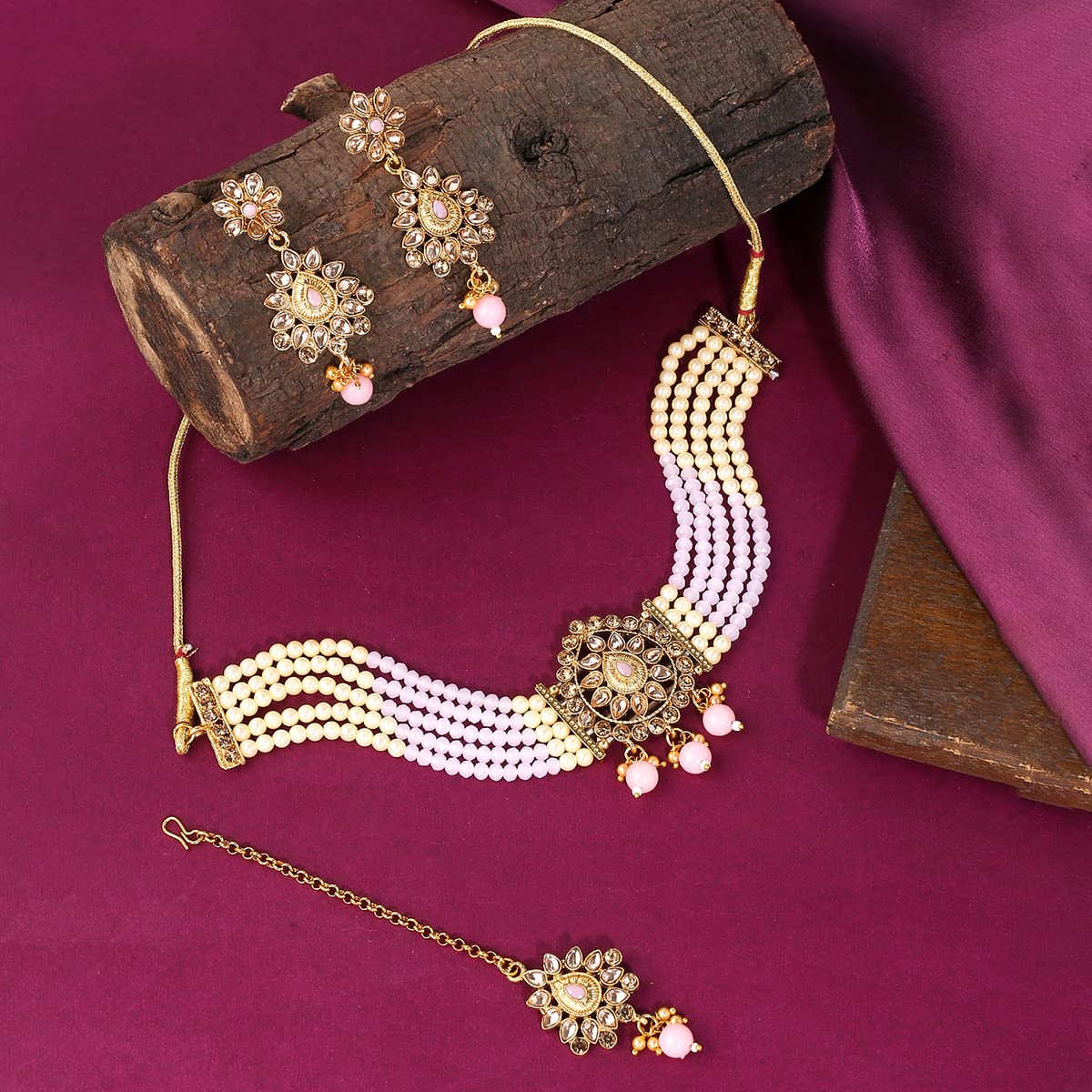 Yellow Chimes Jewellery Set For Women Kundan studded Choker Set With Earrings and Mangtikka For Women and Girls