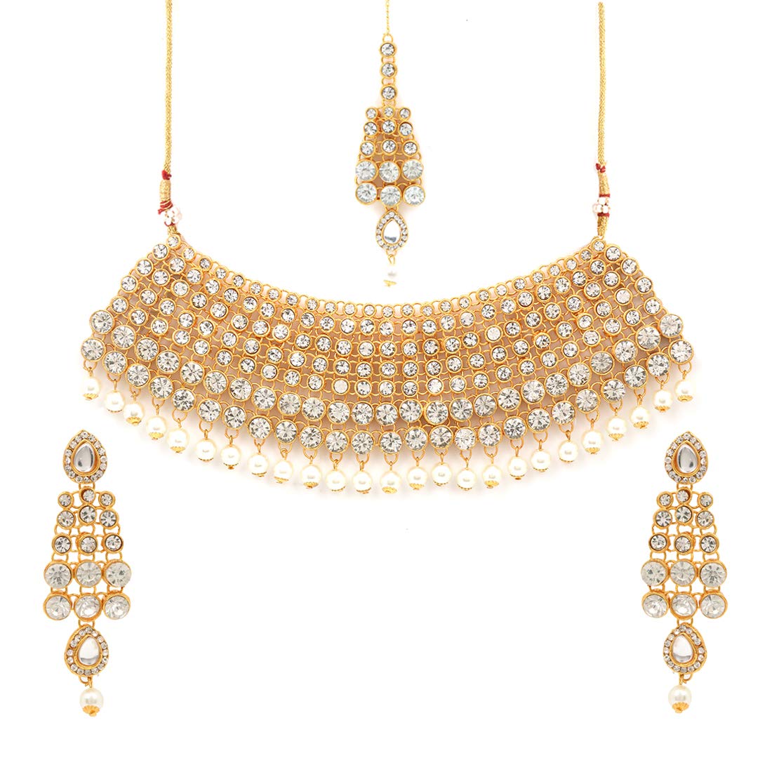 Yellow Chimes Latest Design Kundan Pearl Bridal Jewellery Set Gold Plated Party Wear Traditional White Choker Necklace Set for Women & Girl