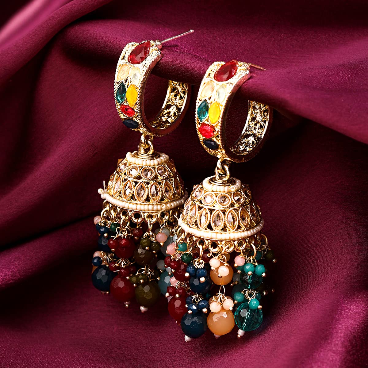 Yellow Chimes Earrings for Women and Girls Traditional Beads & Kundans Jhumka | Gold Plated Kundan & Beads Drop Jhumki Earrings | Birthday Gift for girls and women Anniversary Gift for Wife