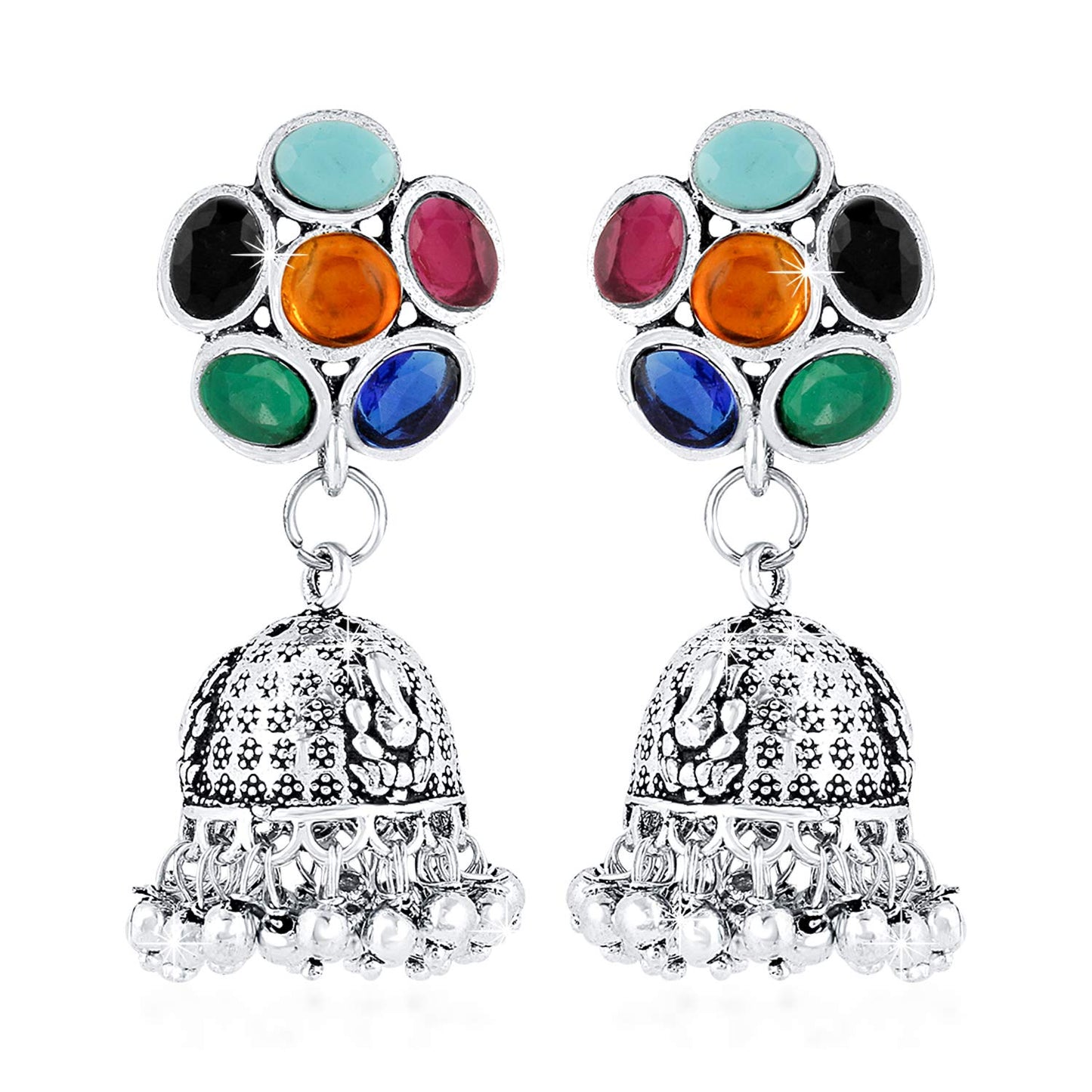 Yellow Chimes Floral Flauntsy Stylish Emerald Stone Oxidized Silver Traditional Jhumka Earrings for Women and Girls