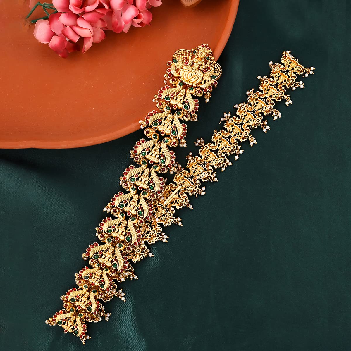 Yellow Chimes Hair Jadai Billai Brooch Traditional Bridal Hair Accessories for Women Wedding Gold Plated Temple Choti Jadai Billai Brooch Set Jewellery for Women