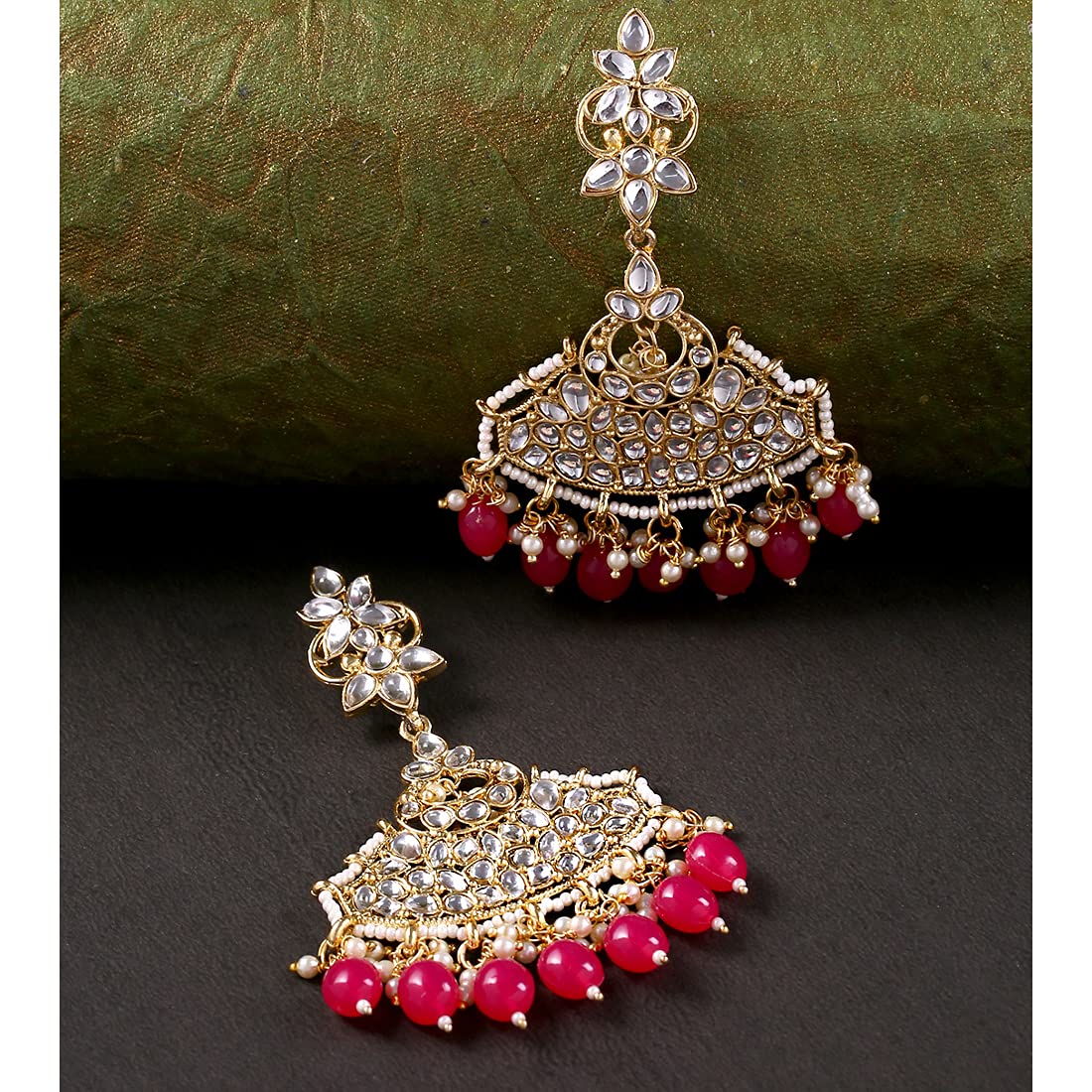 Yellow Chimes Ethnic Gold Plated Traditional Kundan Studded Pearl moti Pink Dangler Earrings for Women and Girls, Gold, Pink, Medium (Model: YCTJER-90LNGDG-PK)