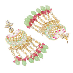 Yellow Chimes Earrings for Women Gold Toned Kundan Studded Green Beads Long Dangler Earrings for Women and Girls