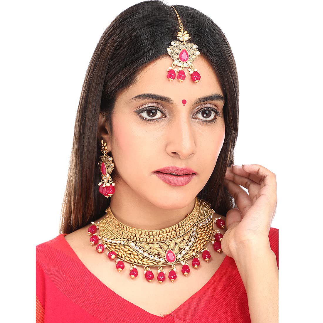 Yellow Chimes Gold Plated Traditional Kundan Studded Pink Pearl Choker Necklace Set with Chandbali Earrings and maang Tikka Bridal Jewellery Set, Gold, Pink, Medium (YCTJNS-09BDSCHK-PK)