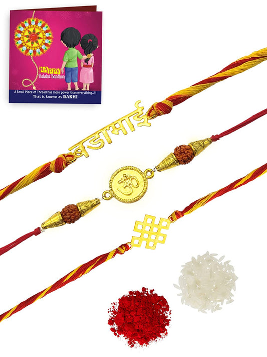 Yellow Chimes Combo of 3 Pcs Handmade Dori Worked Gold Toned OM Bada Bhai and Celtic Design Rakhi for Brother with Roli & Chawal, Red, Gold, Medium (YCTJRK-18BHAY-GL) for Men