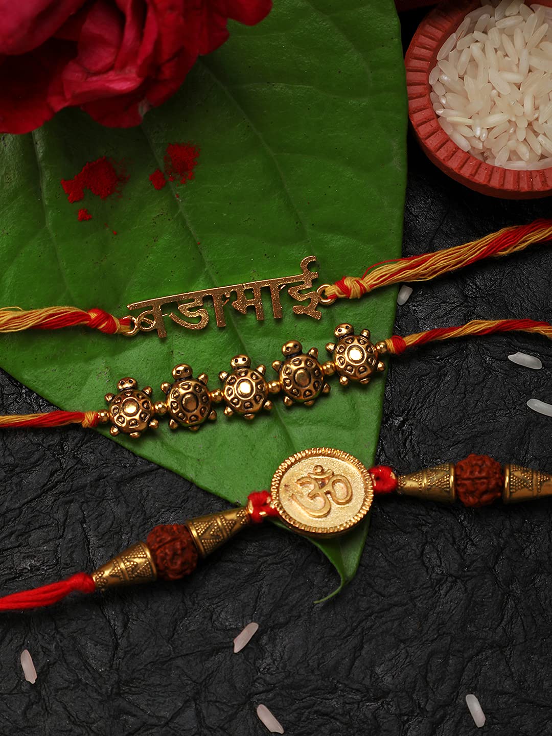 Yellow Chimes Handmade Dori Worked Gold Toned OM Tortoise Design Bada Bhai Engraved Rakhi Bracelet for Brother with Roli & Chawal, Red, Gold, Medium (YCTJRK-13BHAY-GL) Combo of 3 Pieces for Men/Boy