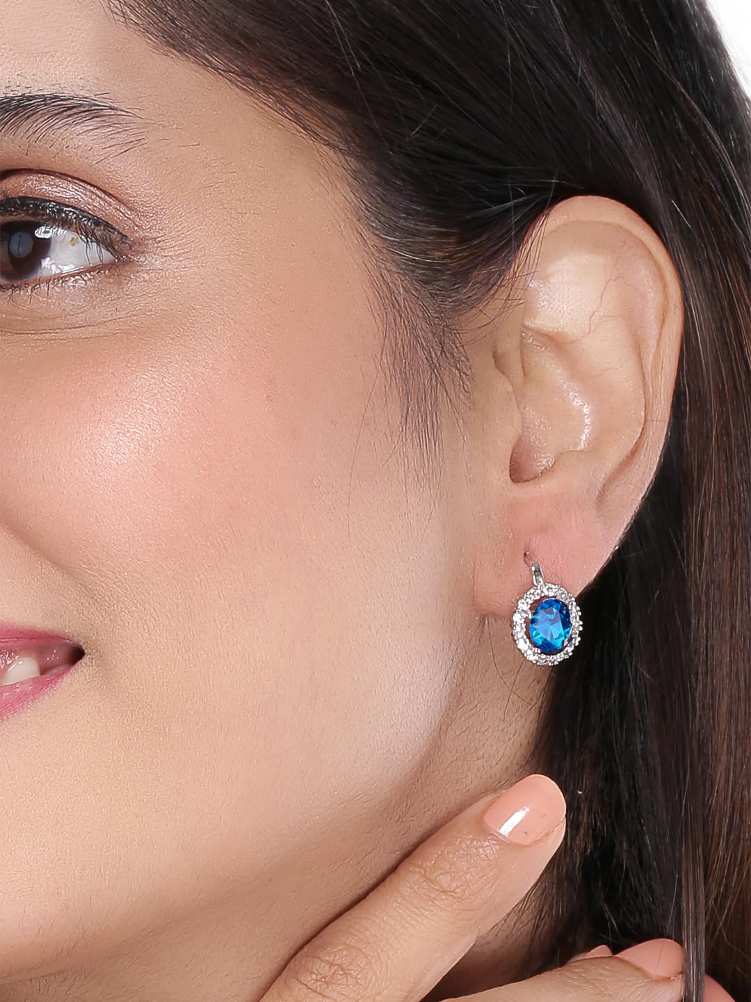 Kairangi Clip On Earrings for Women Blue Crystal Silver Plated Clip On Stud Earrings for Women and Girls