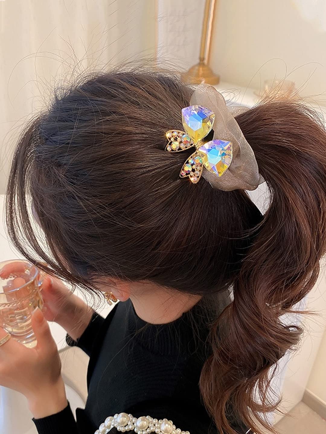 Yellow Chimes Scrunchies for Women Hair Accessories for Women 1 Pcs Bow Satin Scrunchies Set Rubber Bands Crystal Scrunchie Ponytail Holders Hair Ties for Women and Girls Gifts for Women and Girls