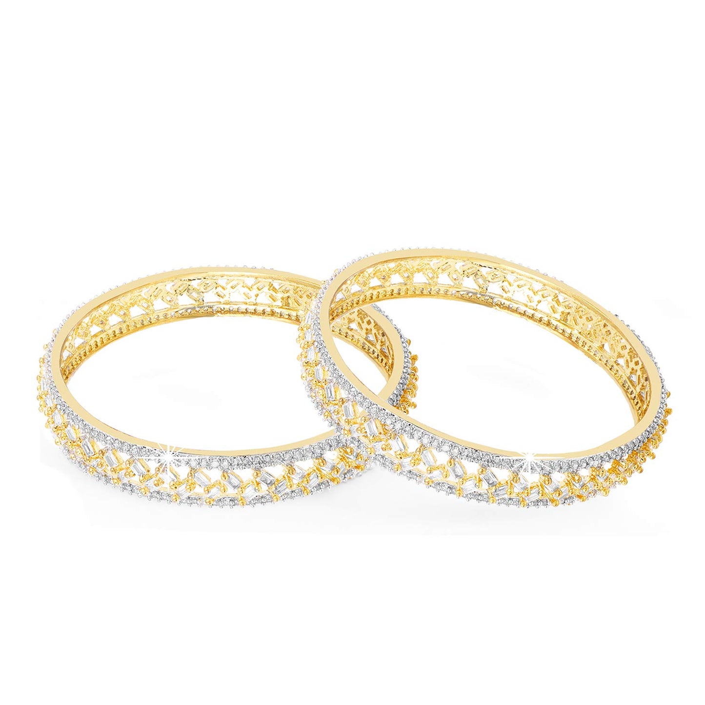 Yellow Chimes Classic Design Set of 2 Pcs White AD/American Diamond Studded 18k Gold Plated Handcrafted Bangles Set for Women & Girls (2.6)