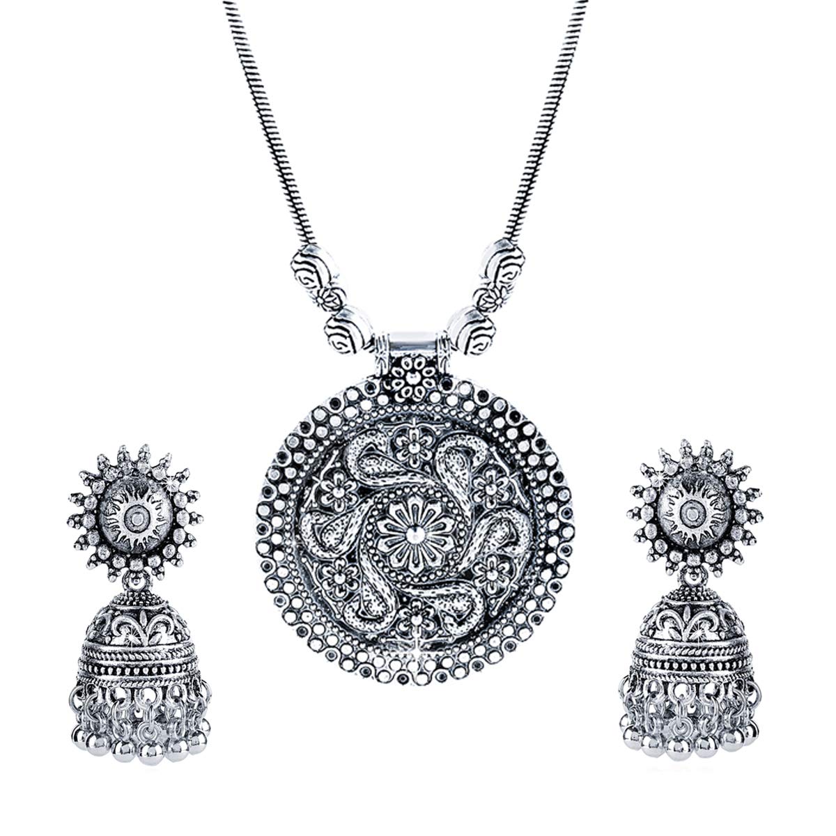 Yellow Chimes Stylish Floral Crafted Theme Silver Oxidized Necklace Set with Earrings Oxidized Jewellery Sets for Women and Girls