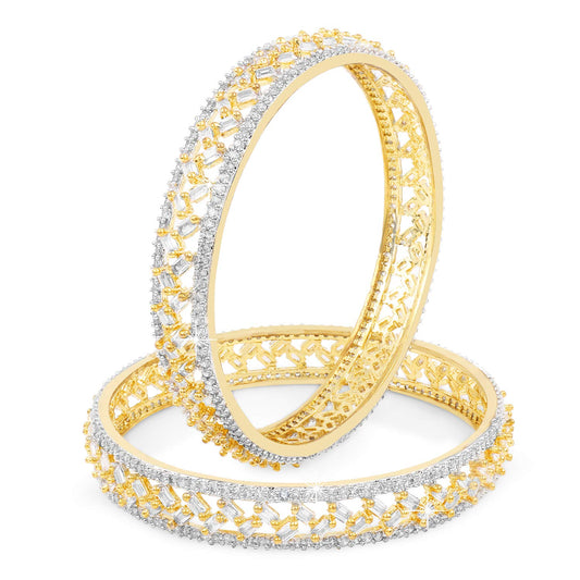 Yellow Chimes Classic Design Set of 2 Pcs White AD/American Diamond Studded 18k Gold Plated Handcrafted Bangles Set for Women & Girls (2.4)