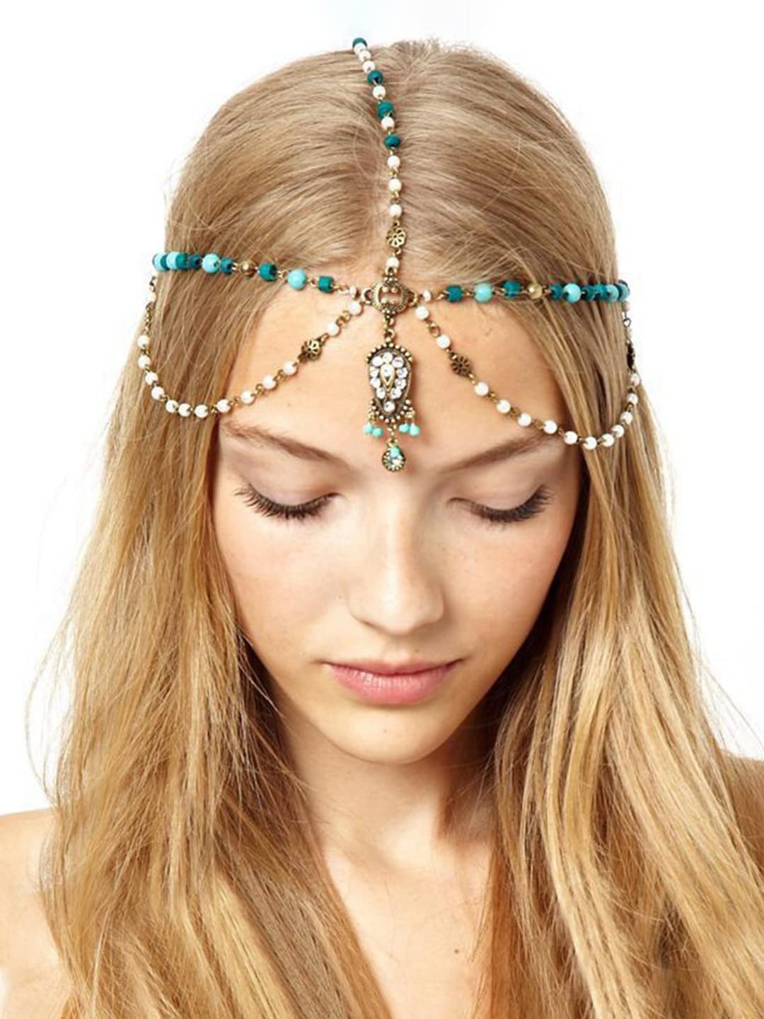 Yellow Chimes Head Chain For Women Bohemian Crystal Headband With Blue Wooden Beads Head Chain Tassel For Women and Girls