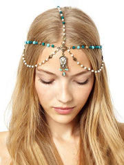 Yellow Chimes Head Chain For Women Bohemian Crystal Headband With Blue Wooden Beads Head Chain Tassel For Women and Girls