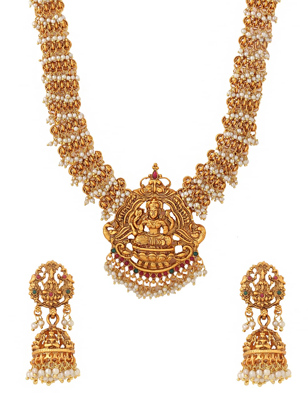 Yellow Chimes Women's Temple Traditional Gold Plated Hanging Pearls Choker Necklace Set