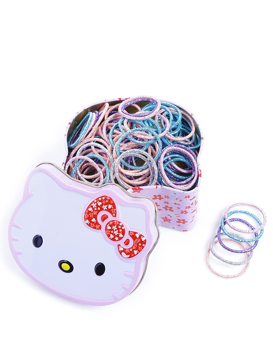 Melbees by Yellow Chimes Hair Rubber Bands for Girls Kids Hair Accessories for Girls Set of 100 Pcs Rubberbands Glittering Multicolor Small Ponytail Holders with Kitty Tin Storage Box for Girls Kids Teens Toddlers