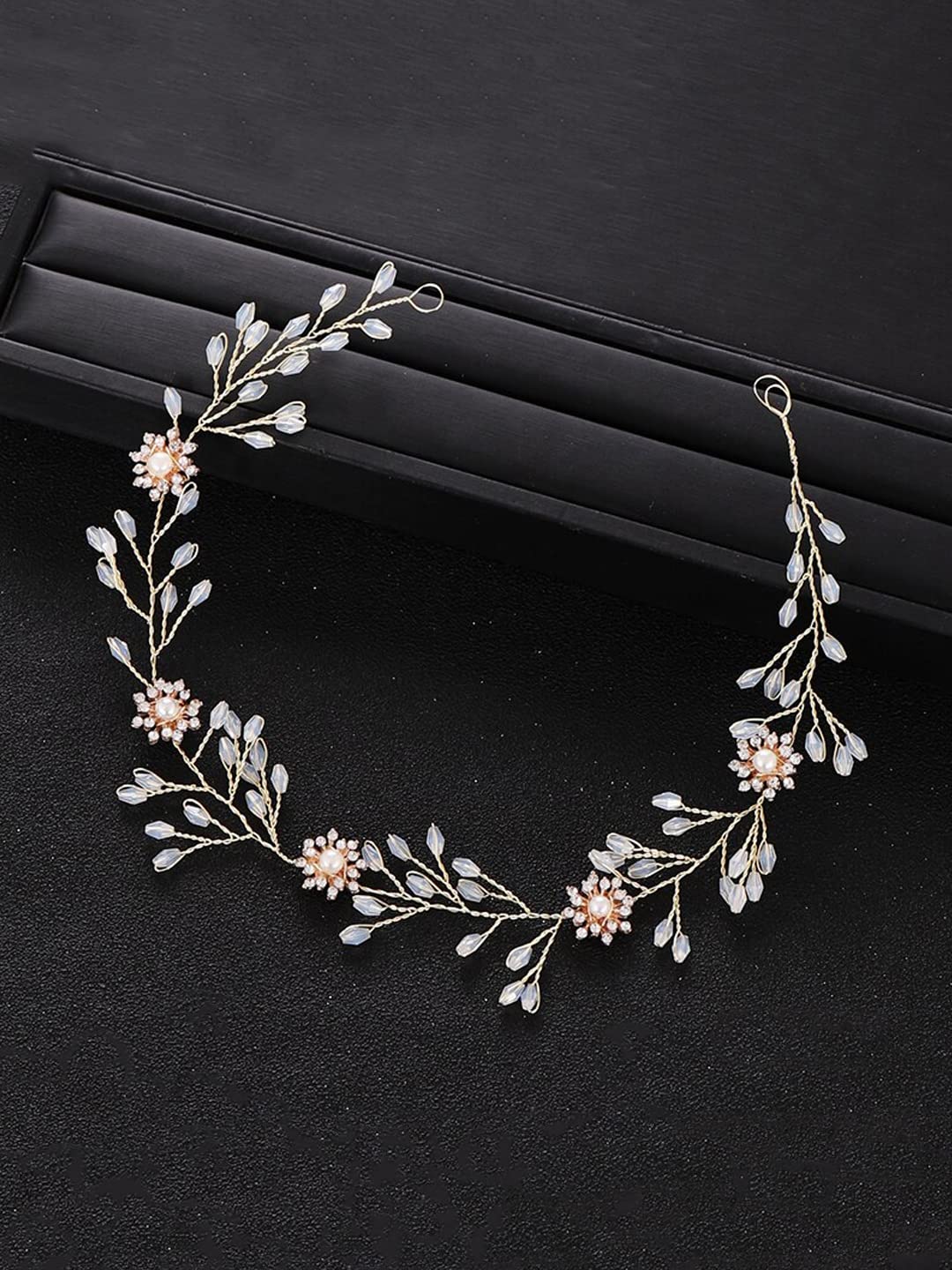 Yellow Chimes Bridal Hair Vine for Women and Girls Bridal Hair Accessories for Wedding Golden Headband Hair Accessories Wedding Jewellery for Women Floral Crystal Bridal Wedding Head band Hair Vine for Girls Headpiece