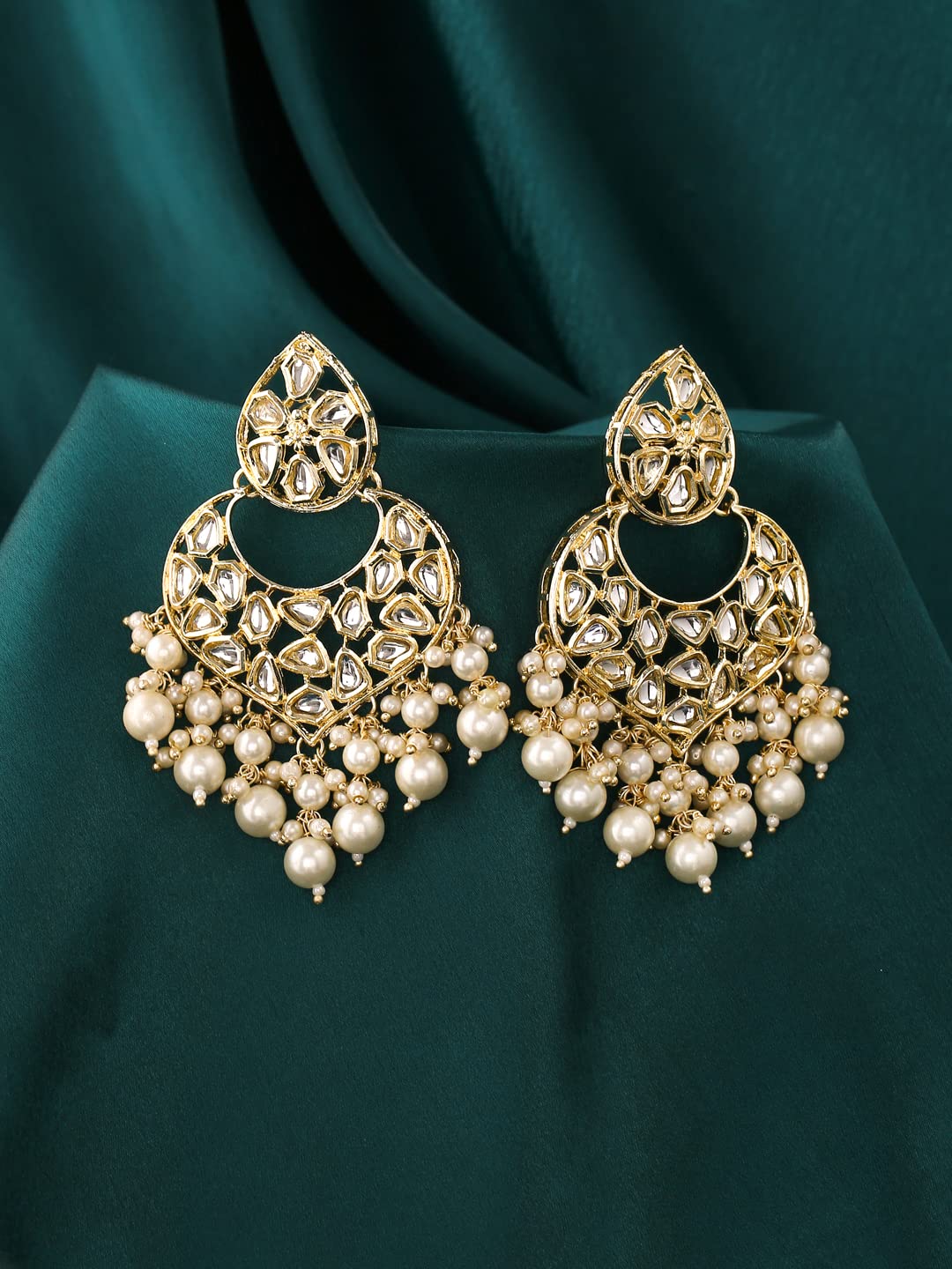 Yellow Chimes Earrings for Women Gold Toned Kundan Studded Pearl Drop Chandbali Earrings for Women and Girls