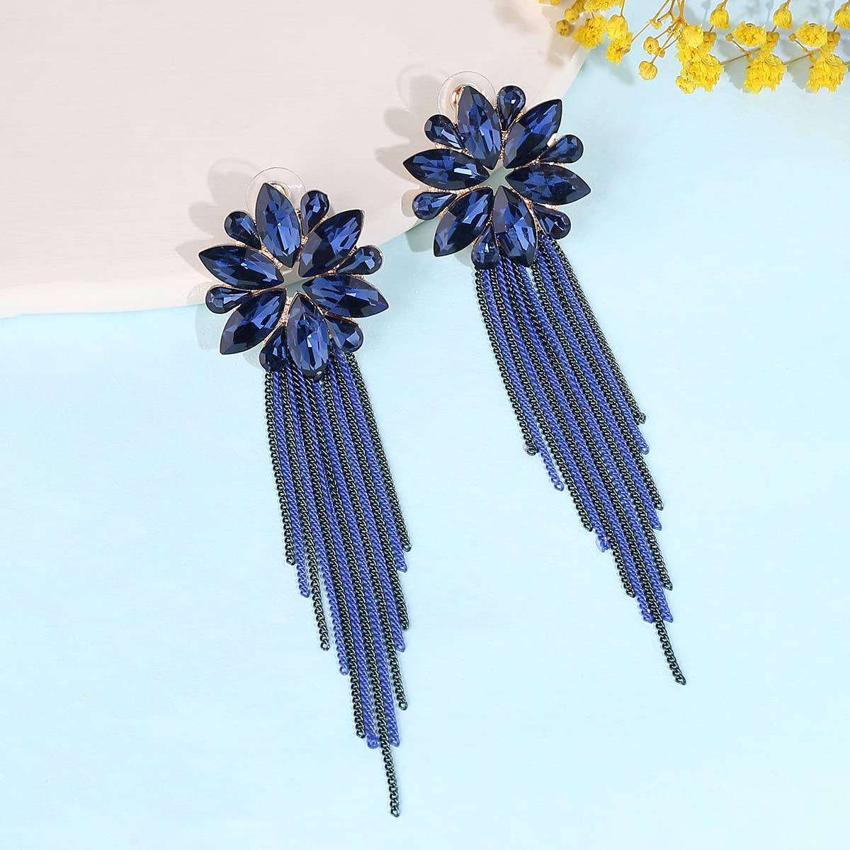 Yellow Chimes Crystal Danglers Earrings for Women Floral Shaped Crystal Blue Long Chain Dangler Earrings for Women and Girls