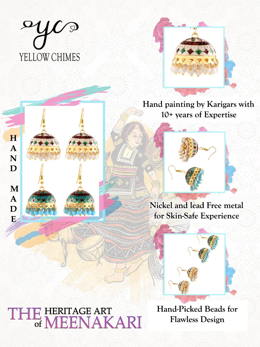 Yellow Chimes Earrings for Women and Girls Traditional Multicolor Meenakari Jhumka | Gold Plated Jhumki Combo Earrings Set | Birthday Gift for girls and women Anniversary Gift for Wife