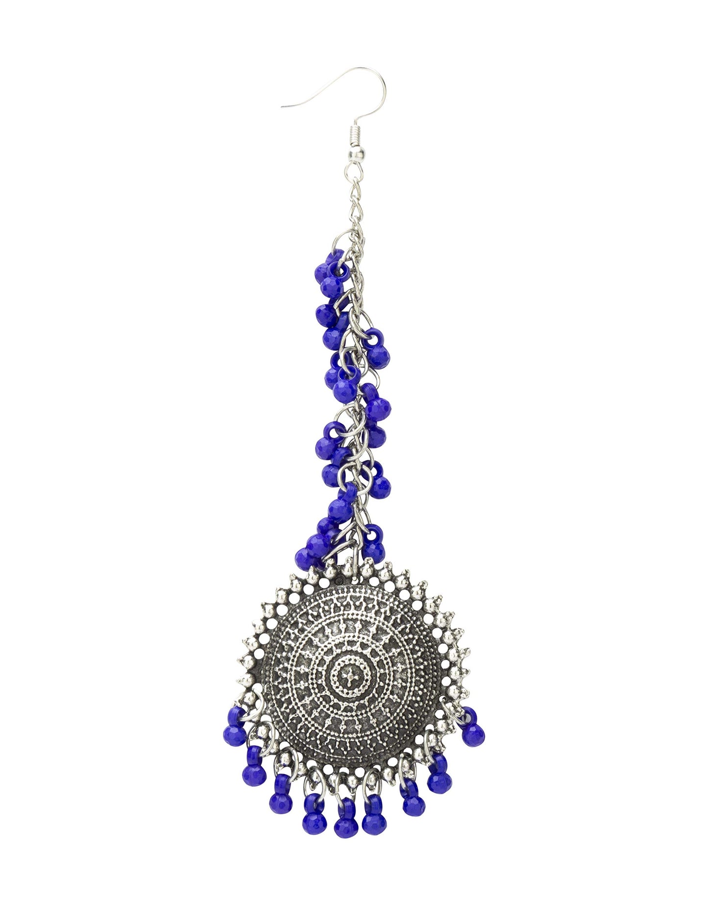 Yellow Chimes German Oxidised Silver Antique Traditional Maang Tikka with Earrings Jewellery Set for Women and Girls (Blue)