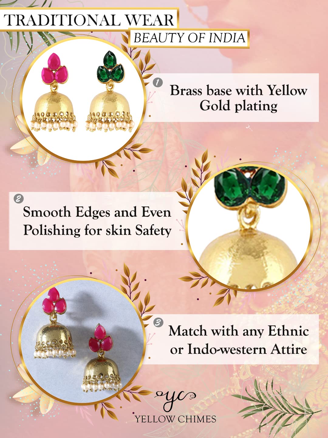 Yellow Chimes Earrings for Women and Girls | Traditional Pink Studded Stone Jhumka Earrings | Gold Plated | Leaf Shaped Jhumki | Accessories Jewellery for Women | Birthday Gift for girls and women Anniversary Gift for Wife