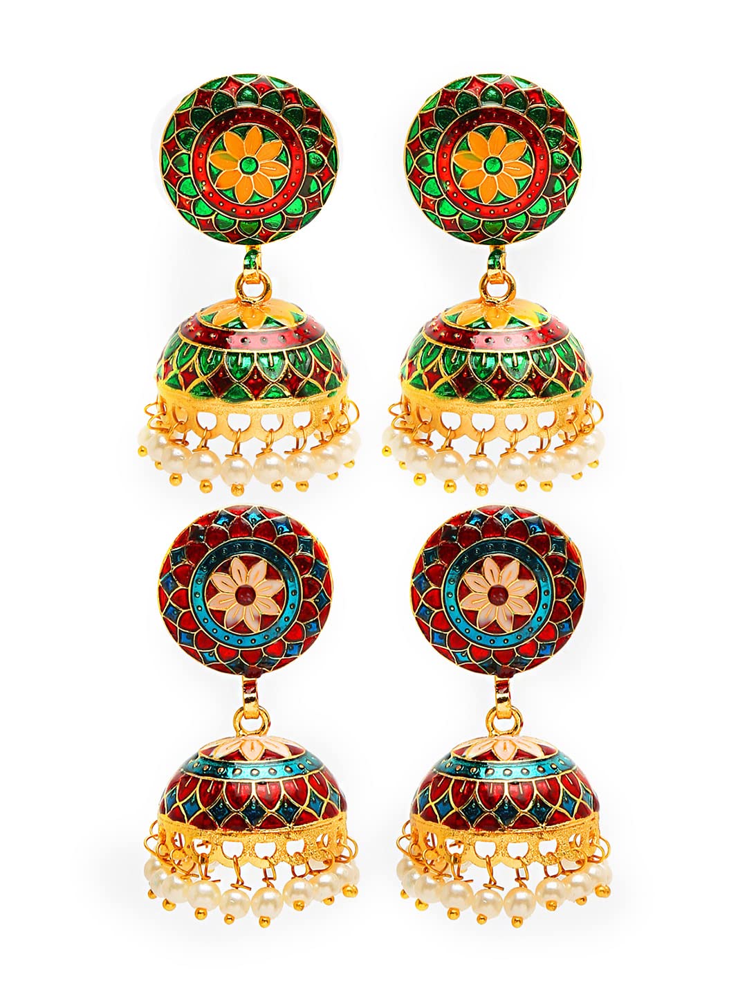 Yellow Chimes Meenakari Jumka Earrings with Ethnic Design Gold Plated Traditional Beads Combo of 2 pair for Women and Girls