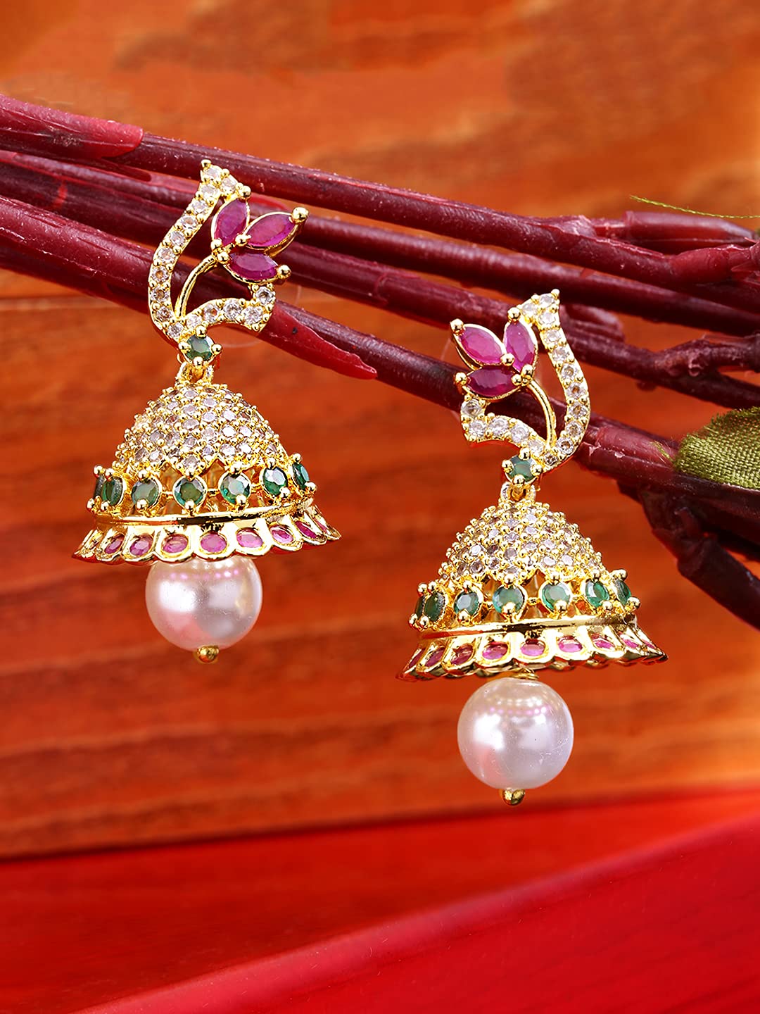 Yellow Chimes Classic AD/American Diamond Studded Pink Floral Design Pearl Drop Gold Plated Jhumka Jhumki Earrings for Women and Girls, Medium