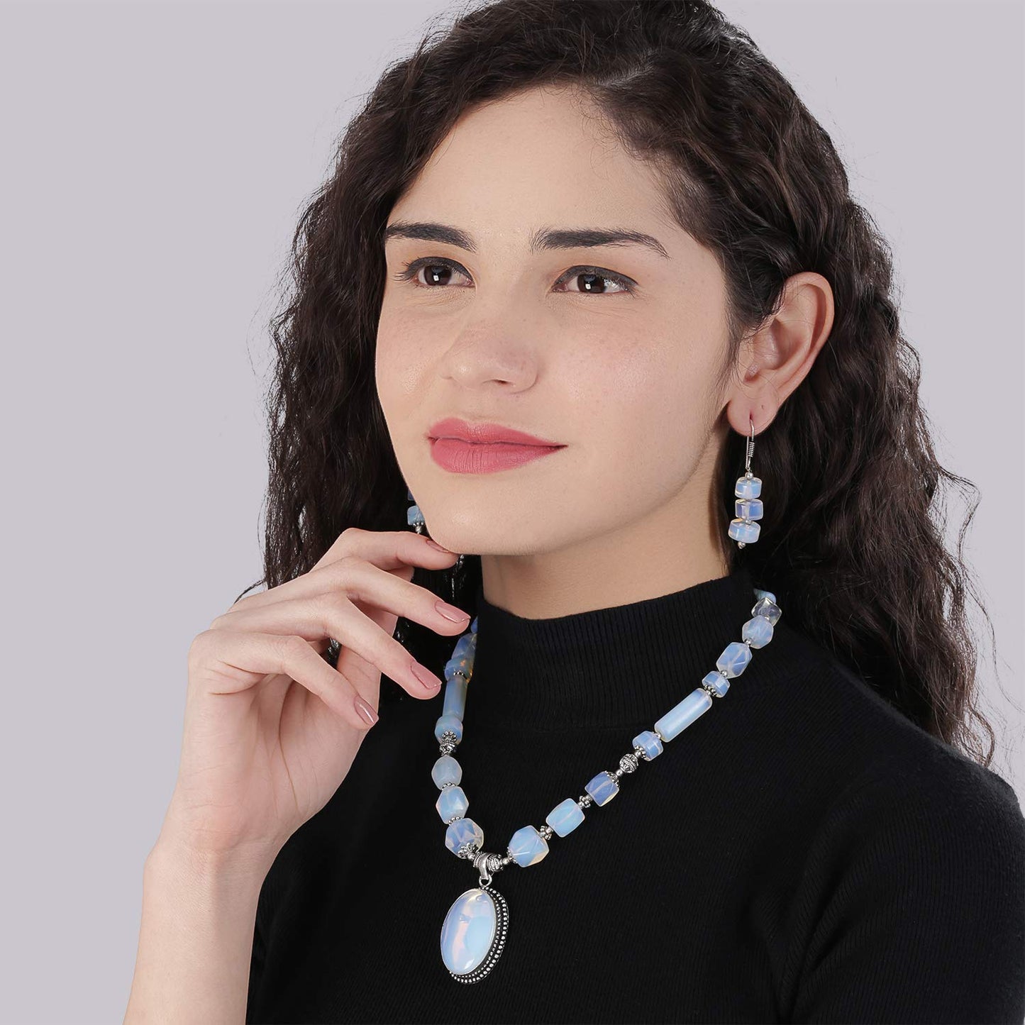 Yellow Chimes German Oxidized Silver Ethnic Moonstone Quartz Beads Beautiful Handmade Designer Necklace Set with Earrings Jewellery Set for Women and Girls (White)