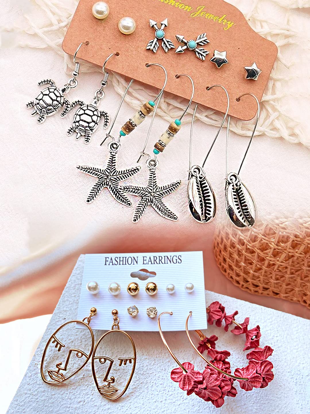 Yellow Chimes Latest Fashion Designs Combo of 12 Pairs Gold Plated Pearl Thread Dangle Stud Hoop Earrings Set for Women and Girls, Medium