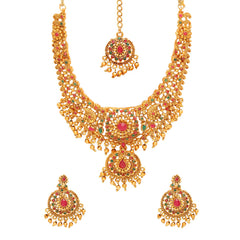 Yellow Chimes Jewellery Set for Women and Girls Temple Jewellery Set for Women Traditional | Gold Plated Necklace Set With Maang Tikka | Studded Stone Antique Jewellery | Birthday Gift for girls and women Anniversary Gift for Wife