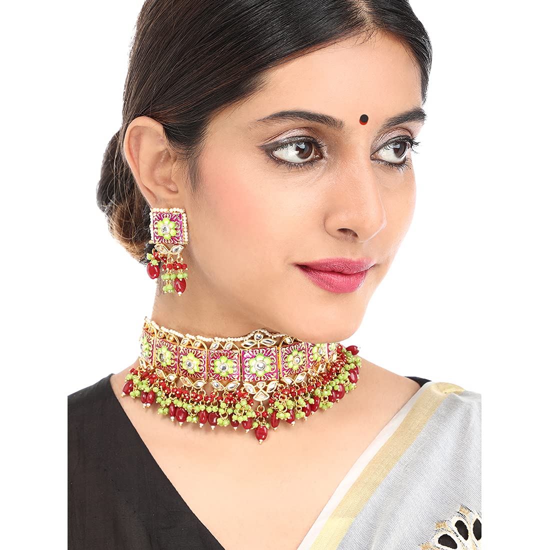 Yellow Chimes Ethnic Gold Plated Studded Kundan Beads Flower Design Jewellery Set Multicolour Meenakari Choker Necklace Set for Women and Girls (Design 2)