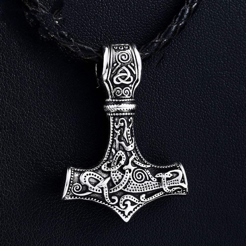 Yellow Chimes Pendant for Men Silver Men Pendant Thor's Hammer Mjolnir Braided Black Leather Rope Silver Pendant Necklace for Men and Boys.