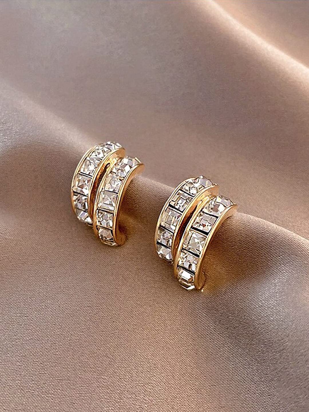 Yellow Chimes Earrings For Women Gold Tone Crystal Studded Double Rounded Huggie Hoop Earrings For Women and Girls