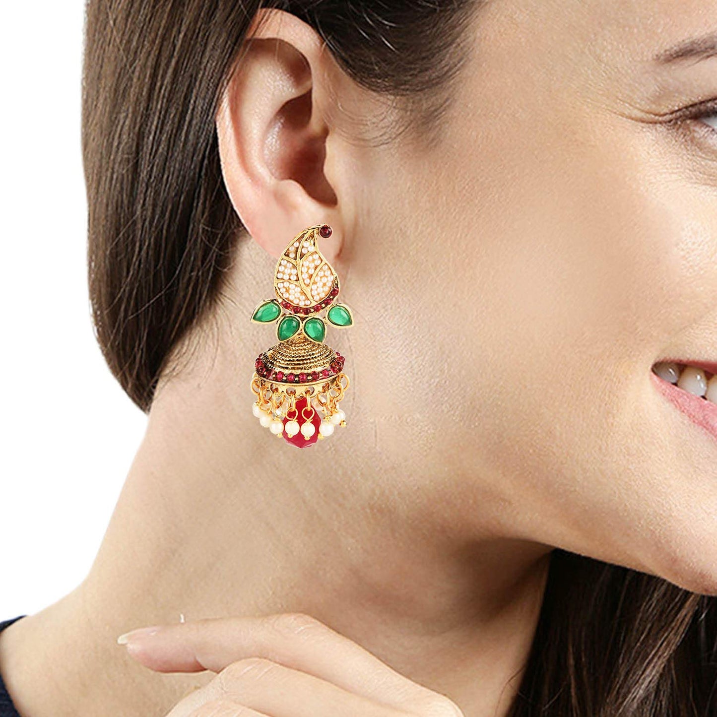 Yellow Chimes Stylish Moti Leaf Red Stone Traditional Pearl Earrings for Women and Girls