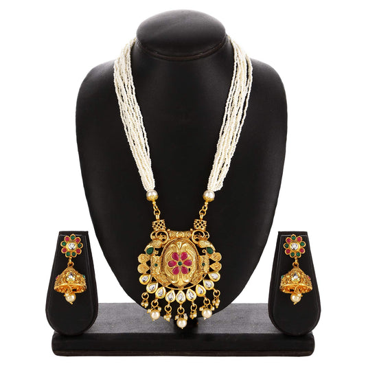 Yellow Chimes Traditional Long Mala Gold Plated Moti Kundan Necklace Set with Earrings Jewellery Set for Women and Girls